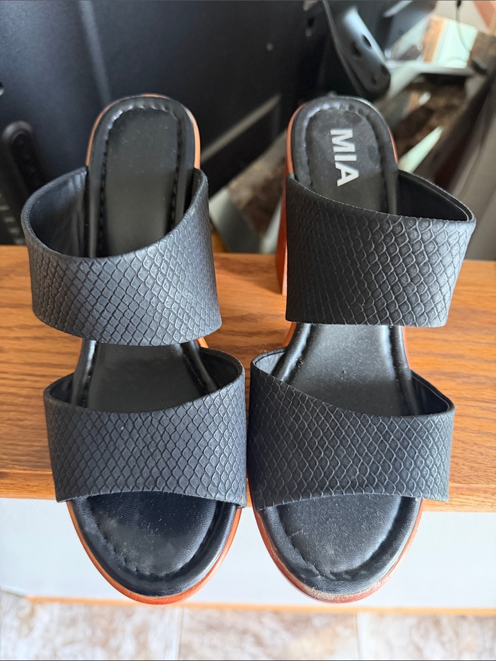 MIA Black Textured Two-Band Slip-On Mules with Brown Trim